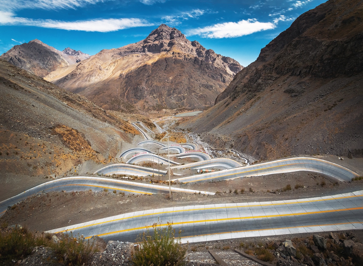 Serpentine road at Andes Mountain between Santiago de Chile and Mendoza, Argentina
