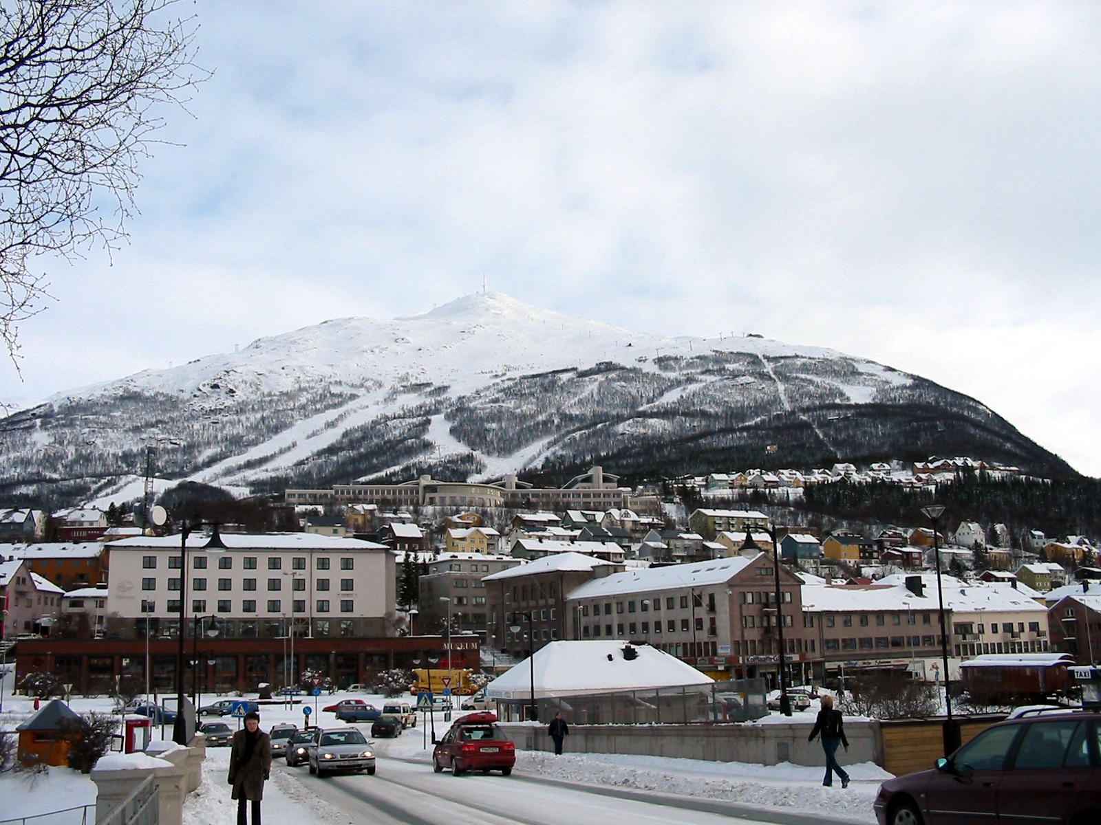 Narvik city centre with Storsteinfjellet ski lift and slopes in the background.