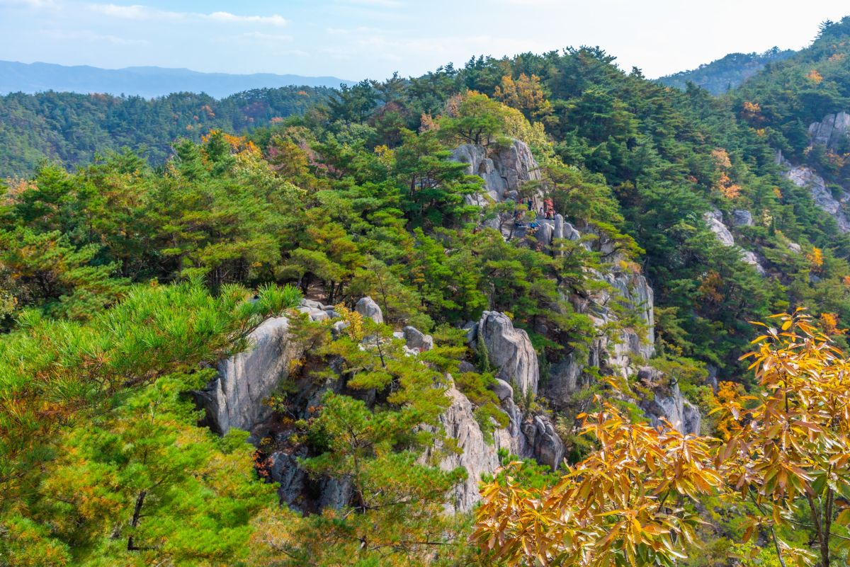 Luftaufnahme des Namsan-Nationalparks in Südkorea mit beeindruckenden Bergen und Wäldern