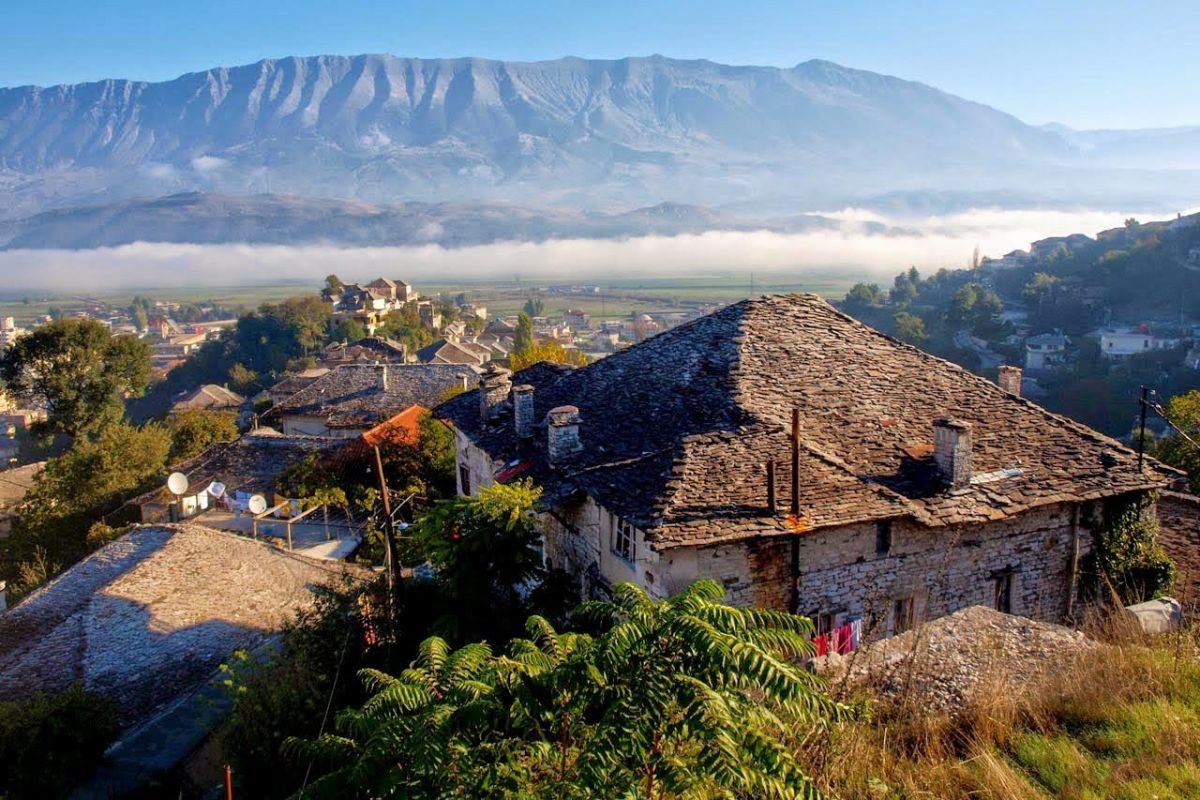 Panoramic View Over Gjirokaster with Its Characteristic Stone Roofs in Albania