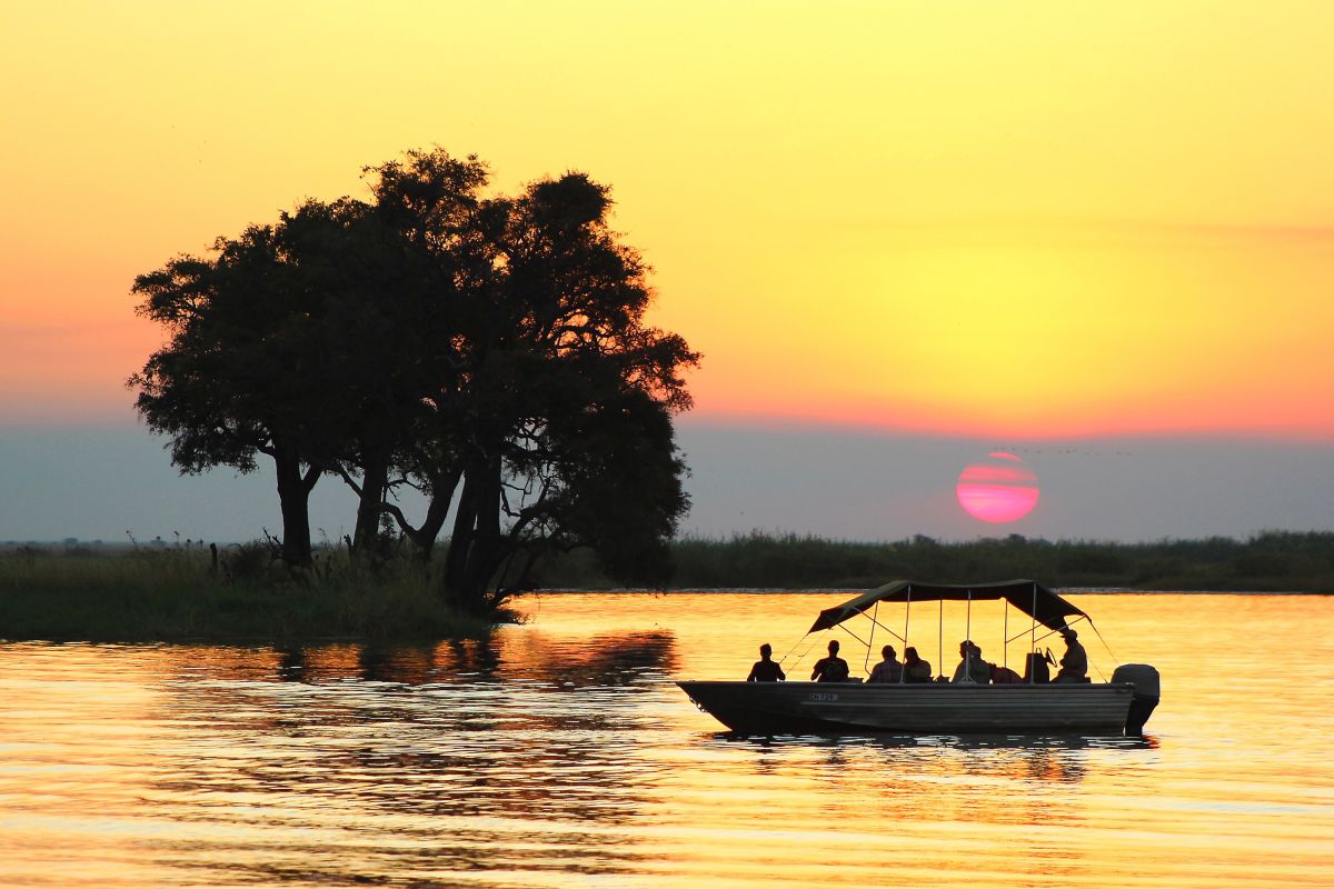 Erlebnisreiche Bootsfahrt auf dem Chobe-Fluss in Botswana bei atemberaubendem Sonnenuntergang