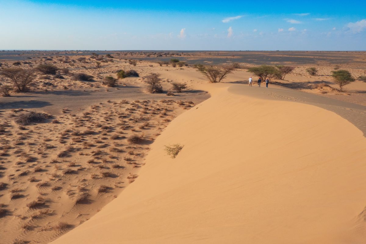 Wanderung auf Sanddünen in den North Horr Sand Dunes, Marsabit County, Kenia