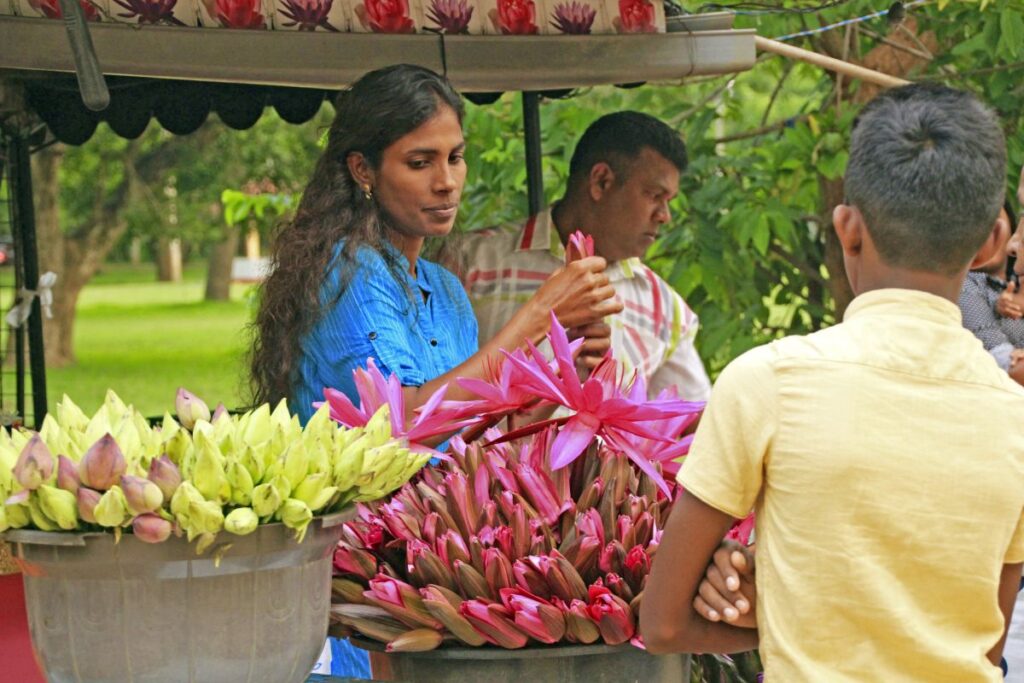 Blumenverkäufer am Tempel von Kataragama in Sri Lanka – Bunte Lotusblüten im Alltag