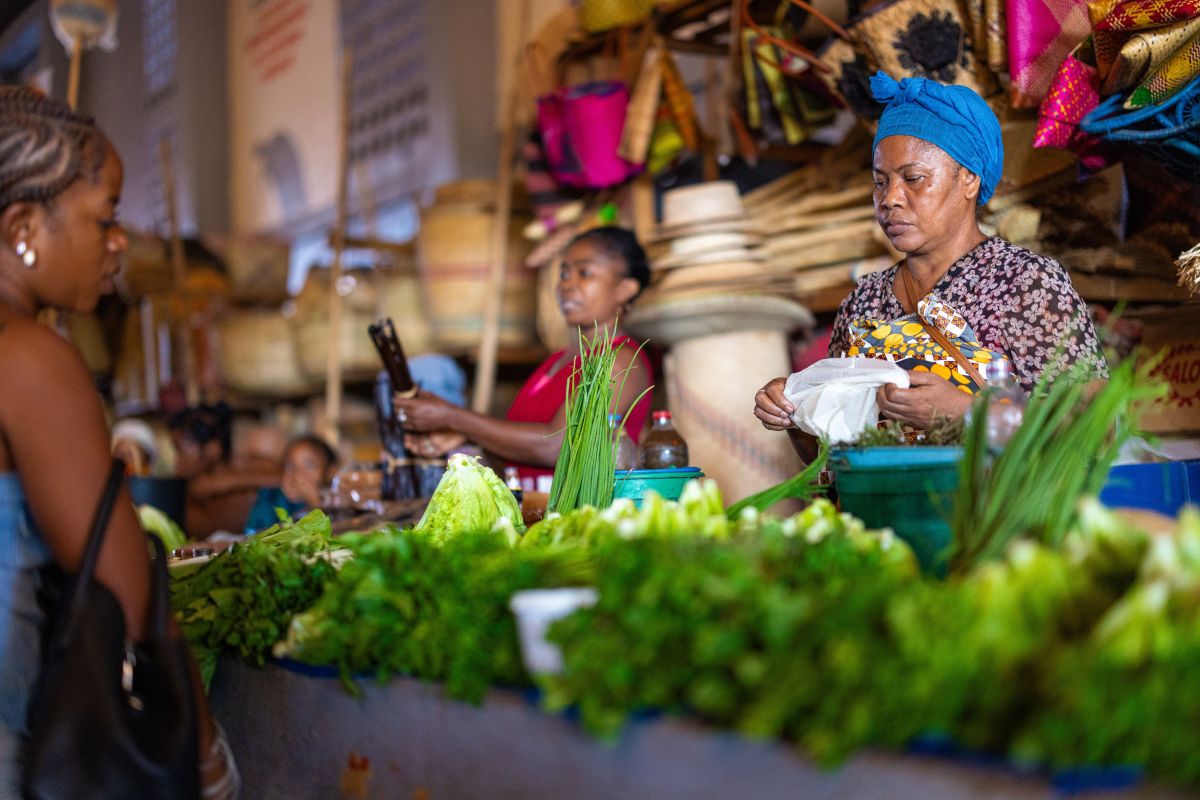 Frische Kräuter und bunte Stände auf dem Markt in Madagaskar