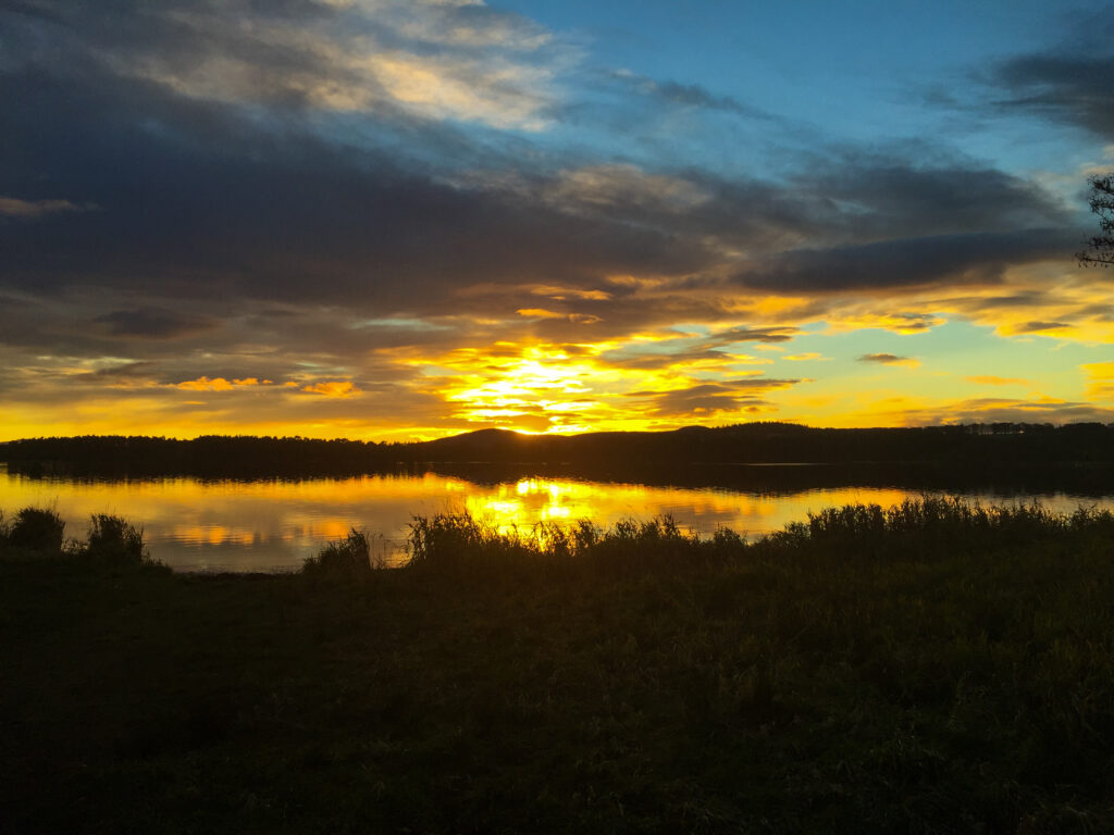 Seenlandschaft mit Wald und Bergen im Hintergrund in der Mitternachtssonne