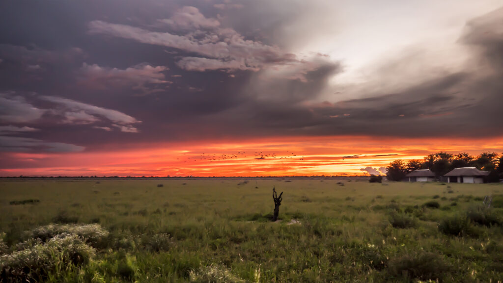 Sonnenuntergansfarben zwischen Regenwolken über Landschaft in Afrika