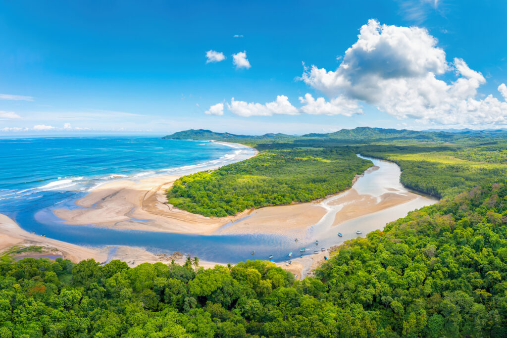 Flugansicht von Insel mit dichtem Grün und Ozean