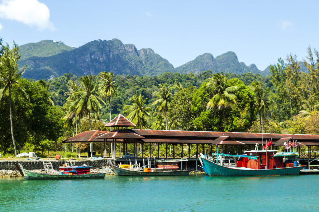 Vietnamesische Boote im Hafen mit Dschungel und Bergen im Hintergrund