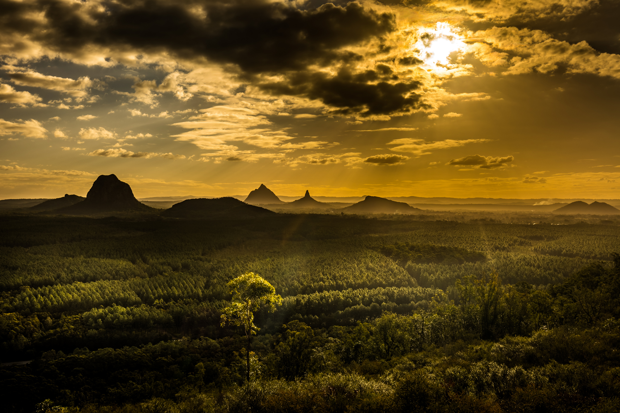 Panoramablick auf die Berge in Australien bei Sonnenuntergang