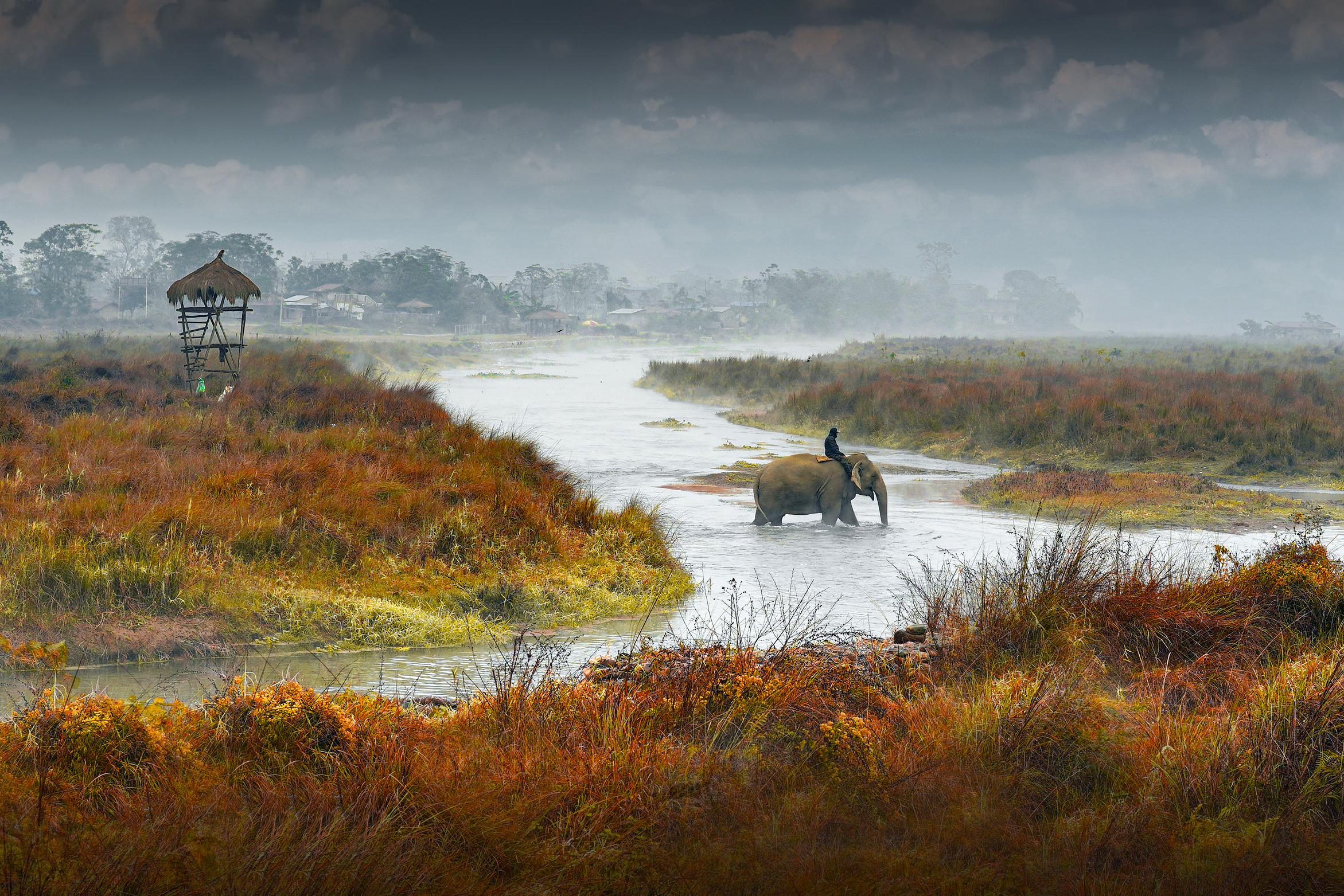 Morgenstimmung im Chitwan-Nationalpark Nepal Elefant im Fluss mit Person reitend darauf