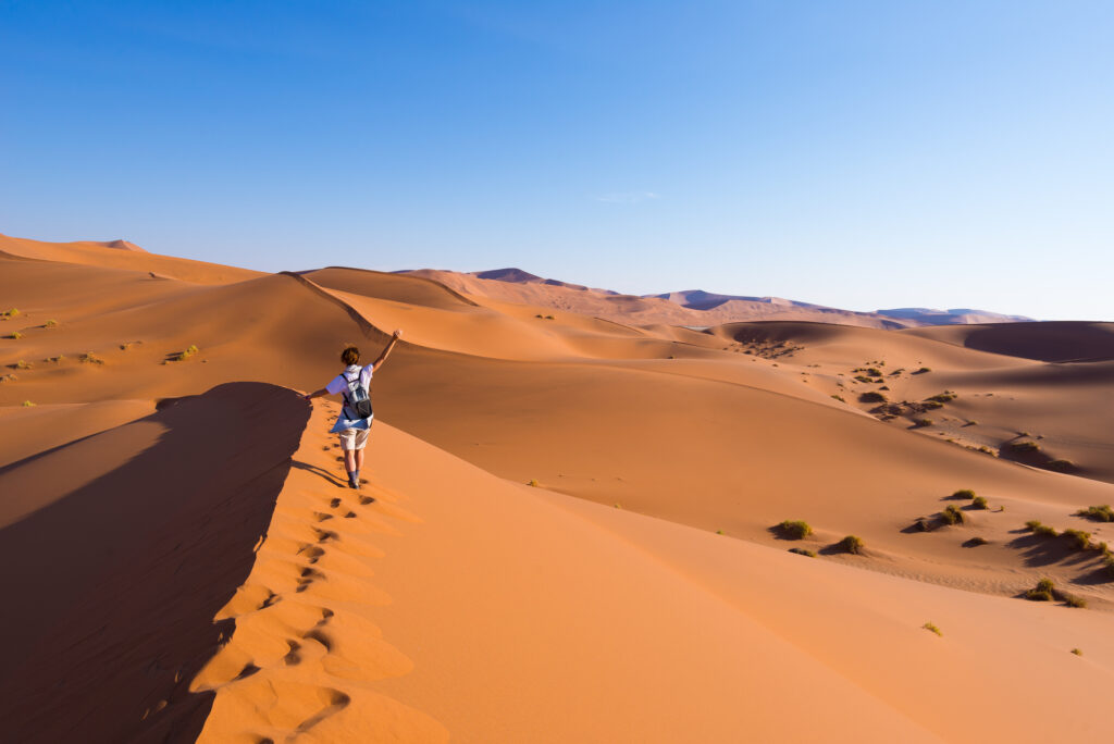 Ein Tourist spaziert durch die malerischen Dünen von Sossusvlei in der Namib-Wüste, Namib-Naukluft-Nationalpark, Namibia. Nachmittagslicht.