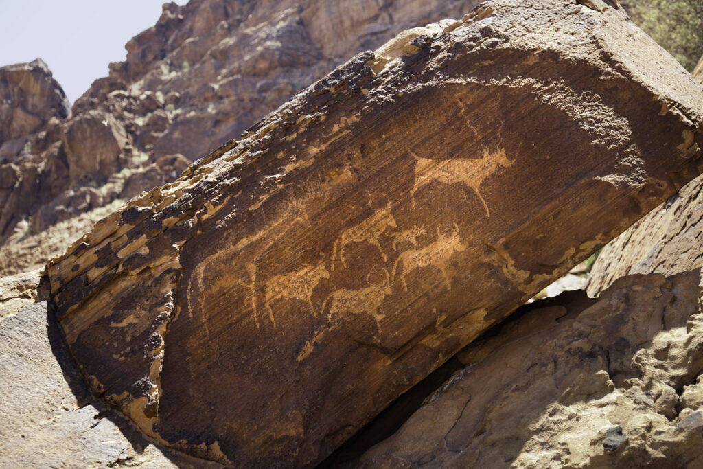 Antike Felsgravuren (Petroglyphen) der Buschmänner in Twyfelfontaine im Damaraland, Namibia