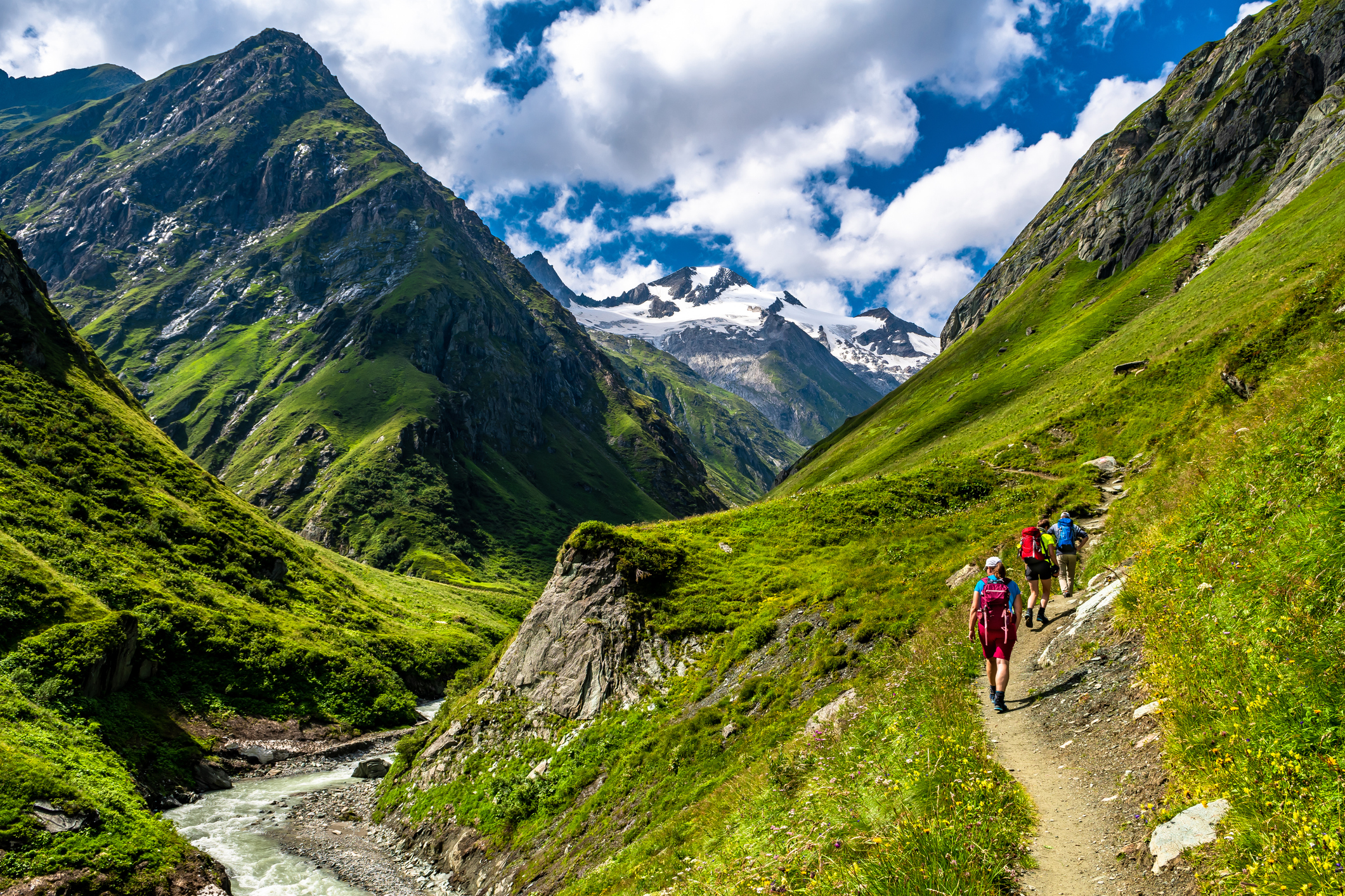 Wandergruppe im Umbalfaelle-Tal am Großvenediger mit Blick auf die Rötspitze im Nationalpark Hohe Tauern in Tirol in Österreich
