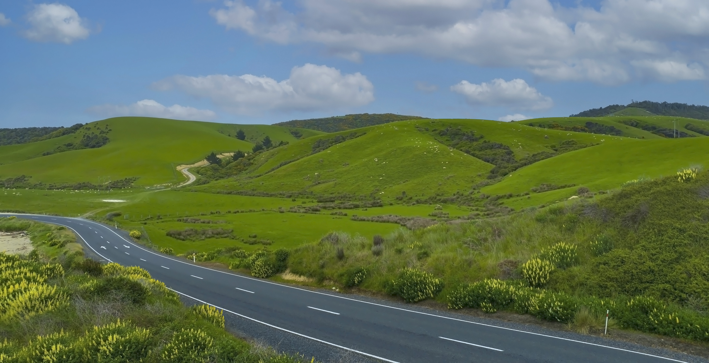 Straße durch grüne Hügel