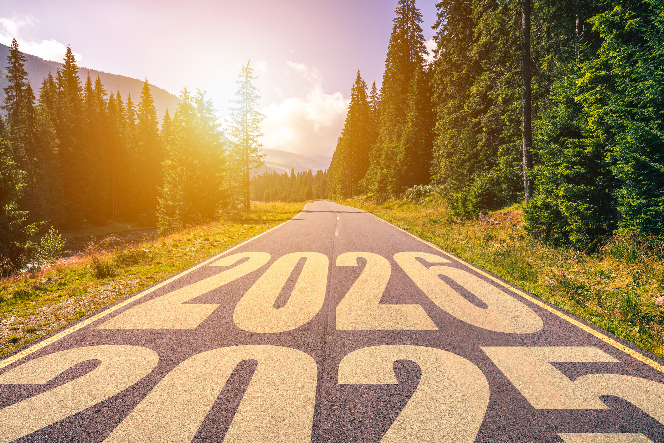 Eine malerische Straße, auf der die Jahre 2025 und 2026 markiert sind.
