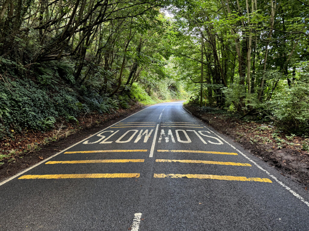 Verkehrswarnschilder mit 'SLOW', die auf eine Straße gemalt sind