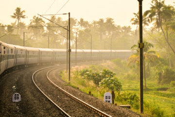 Blick auf einen Zug, der frühmorgens eine Kurve befährt.