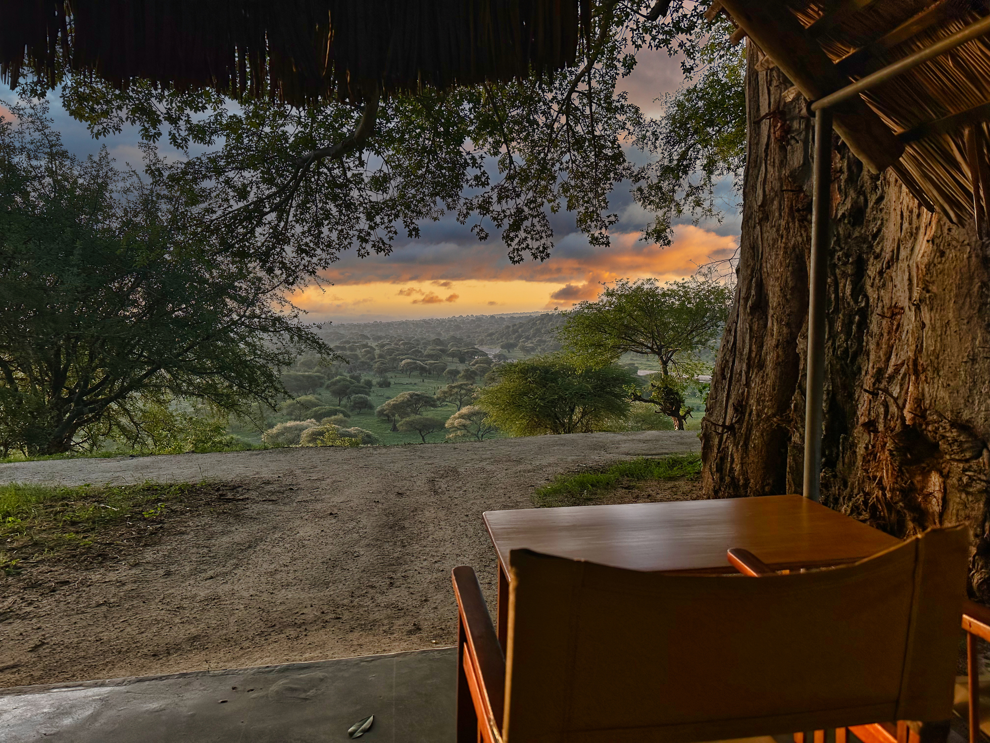 Blick vom Zelt auf den Tarangire-Fluss und den Park