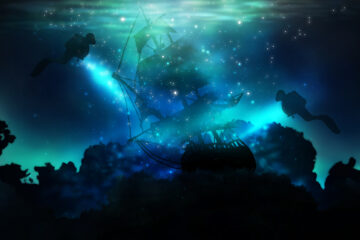 Sonnenstrahlen durch das Wasser, Unterwasserwelt, dunkles Meer im Hintergrund. Felsen und Steine ​​unter Wasser. Meeressand.