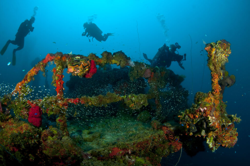 3 Taucher beim Schiffwrack Tauchen Mikronesien