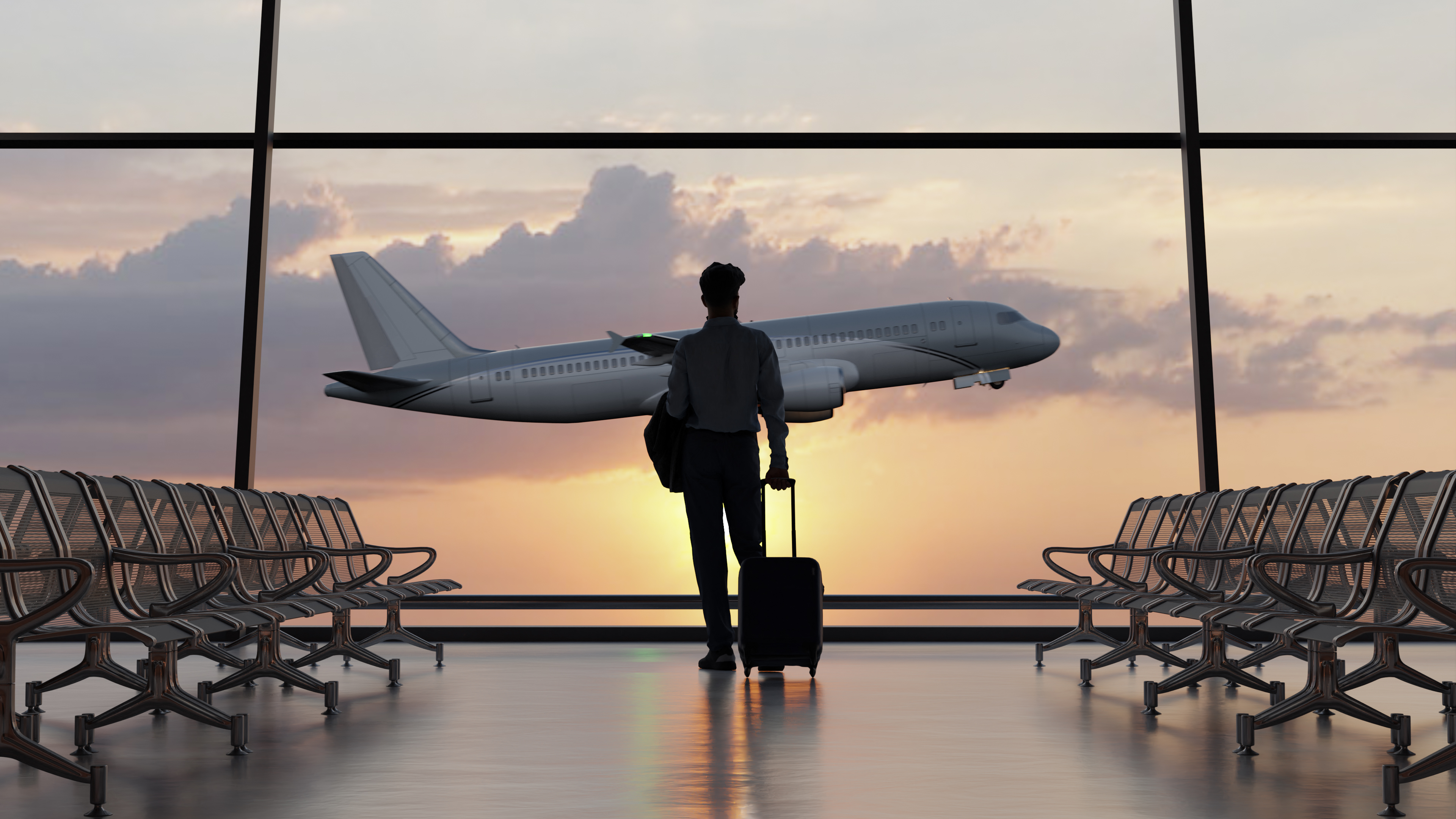 Silhouette eines Mannes, der im Flughafen geht, während das Flugzeug bei Sonnenuntergang abhebt. 