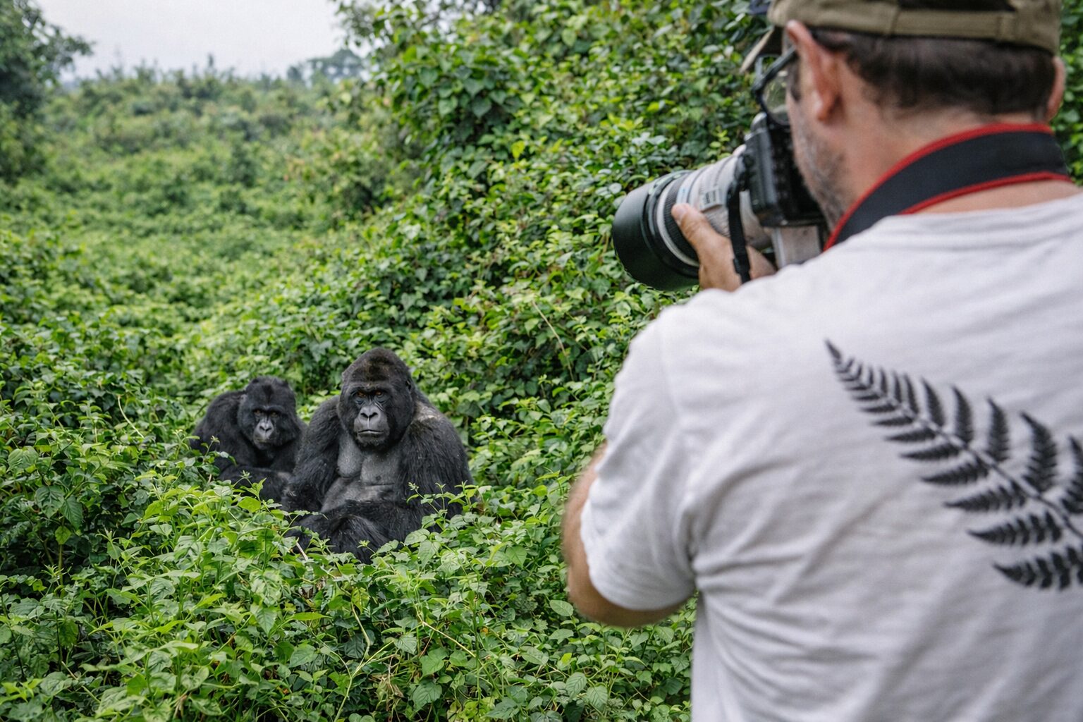 Jan Wittwer fotografiert eine Berggorilla-Familie im Regenwald