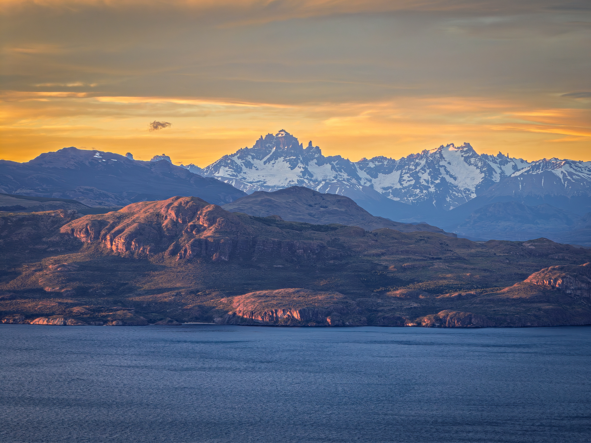 Cerro Castillo mountain range seen across Lake General Carrera