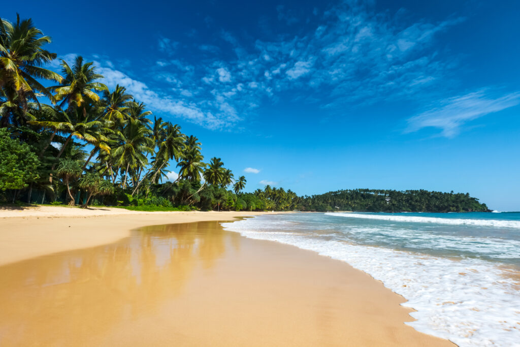 Tropische Urlaubskulisse – paradiesischer, idyllischer Strand. Sri Lanka