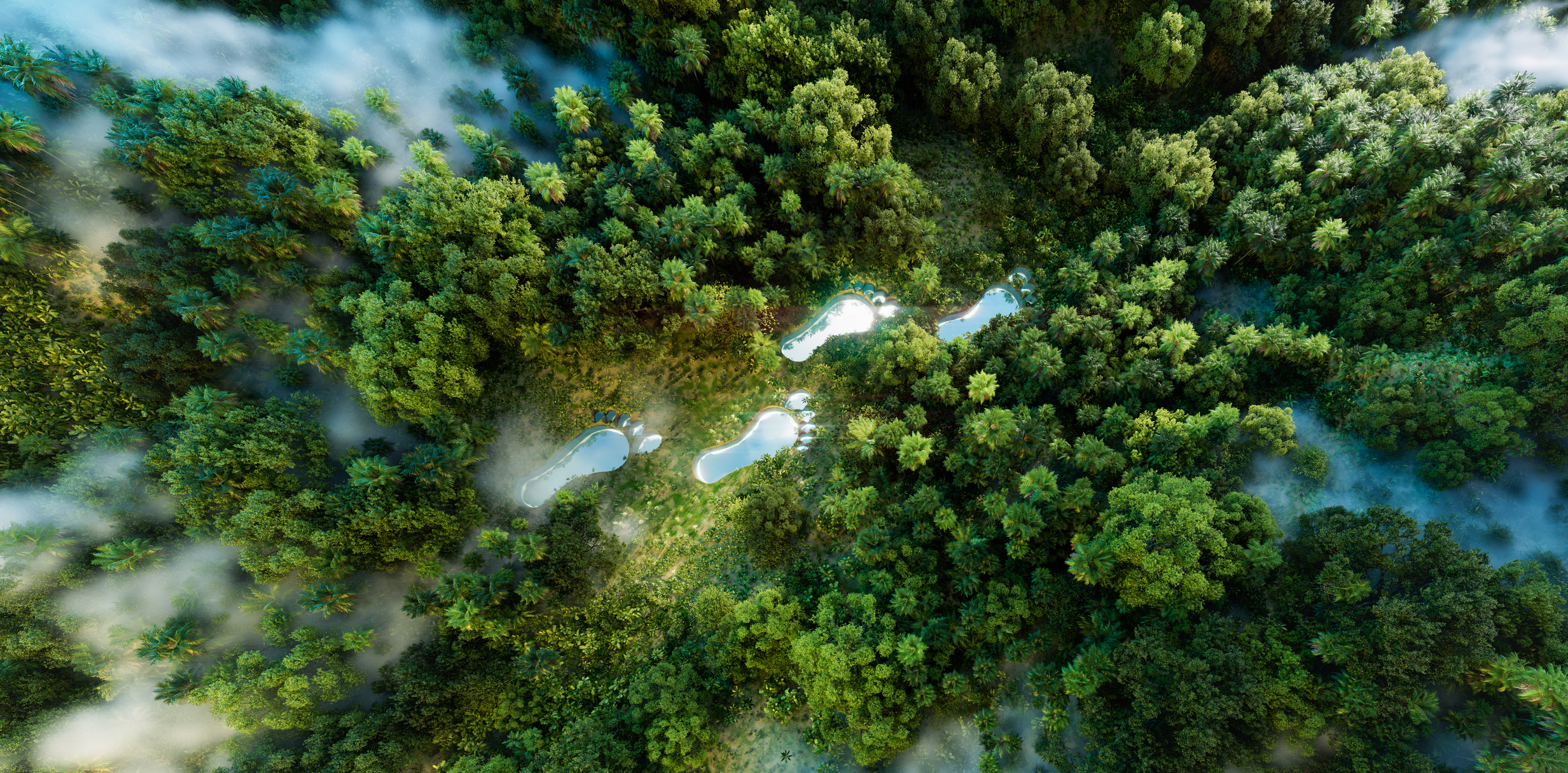 Ein fußabdruckförmiger See in einem üppigen Wald, sinnbildlich für den menschlichen Einfluss auf die Landschaft, mit Anklängen an Klimaschutz und Naturschutz. 
