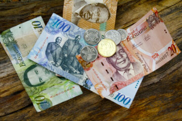 Südafrikanische Banknoten und Münzen im Hintergrund. Botswana-Pula.