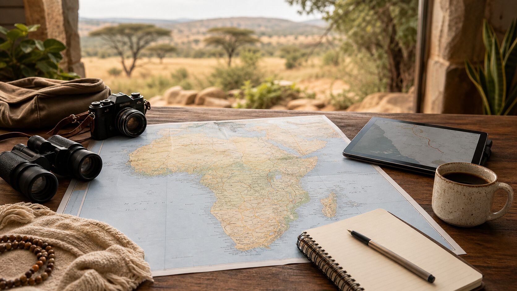 Afrika-Reiseplanung mit Karte, Fernglas, Kamera und Notizbuch vor einer Savannenlandschaft.