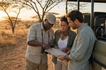 Safari-Guide berät Reisende bei der Routenplanung neben einem Safari-Fahrzeug in Afrika.