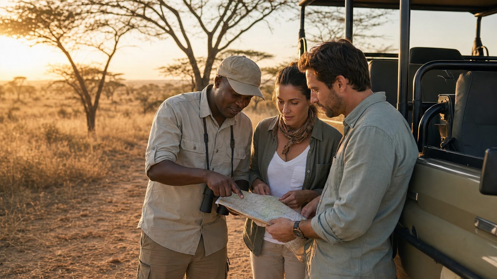 Safari-Guide berät Reisende bei der Routenplanung neben einem Safari-Fahrzeug in Afrika