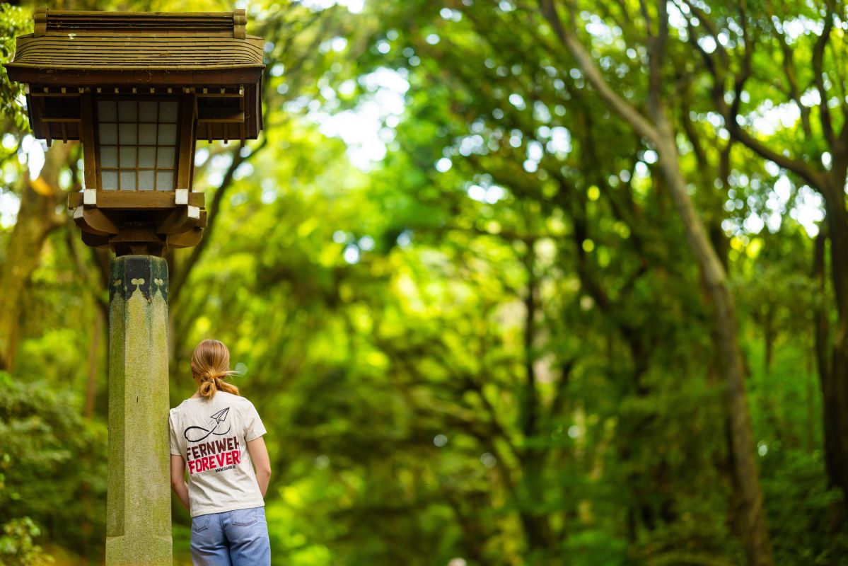 Junge Frau vor einer traditionelle Laterne im grünen Park von Tokio, Japan