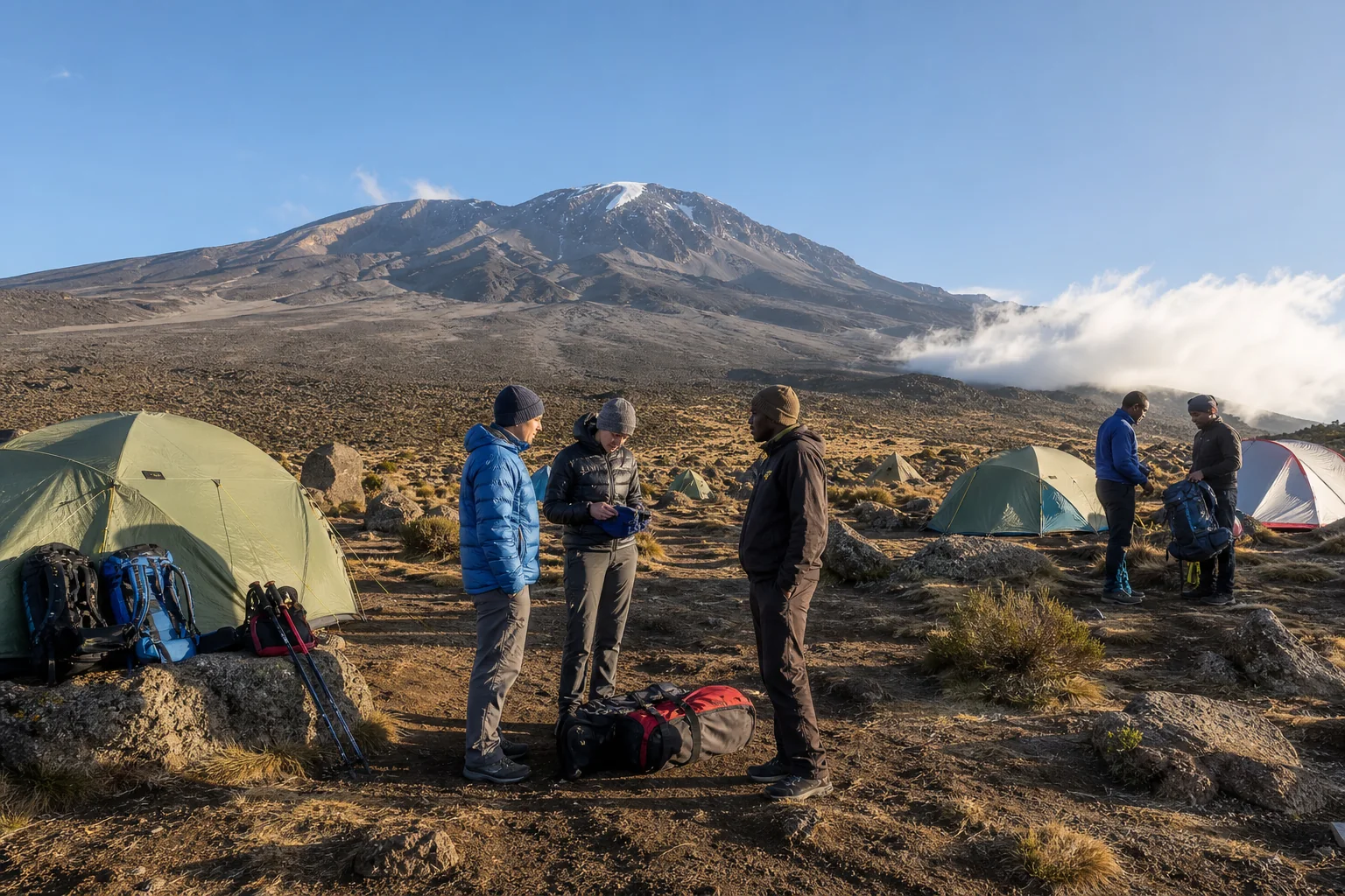 Trekkinggruppe und Bergführer in einem Kilimandscharo Camp vor dem Kibo