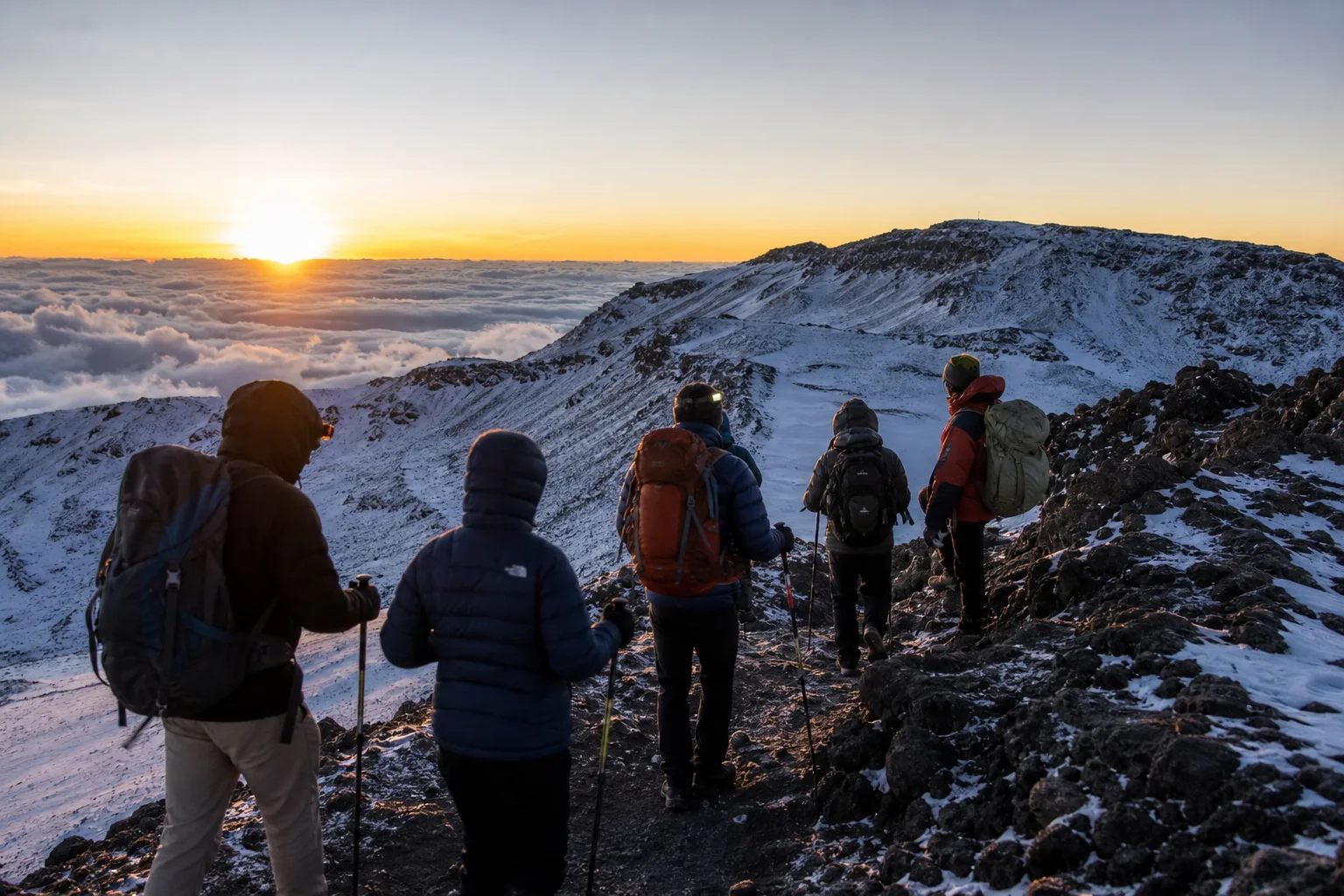 Trekkinggruppe am Kilimandscharo Gipfeltag bei Sonnenaufgang über den Wolken