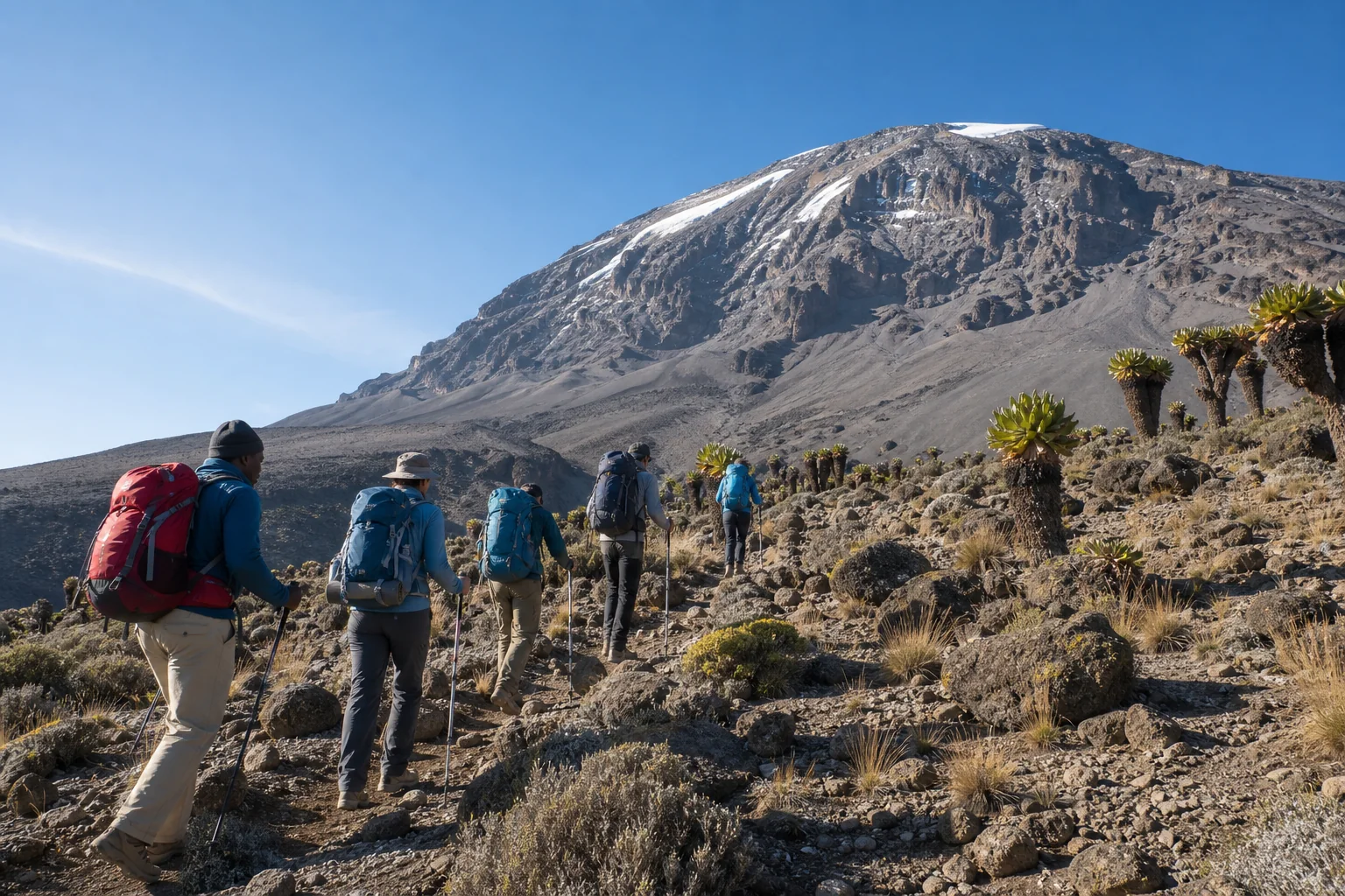 Kleine Trekkinggruppe beim Aufstieg durch die alpine Zone des Kilimandscharo