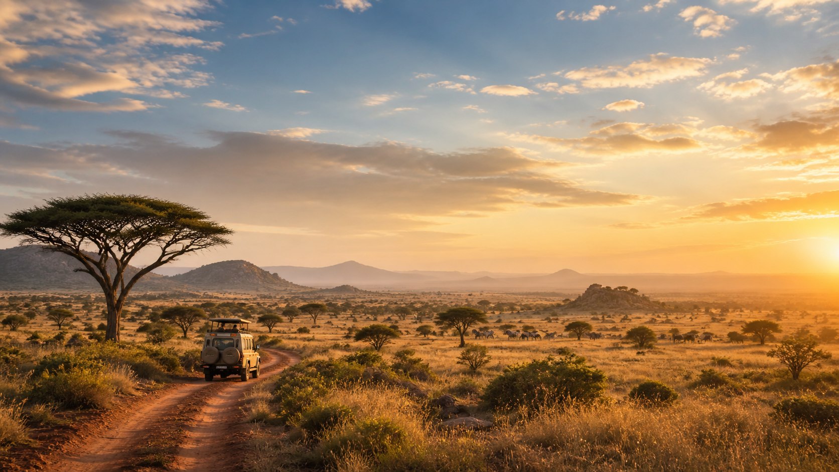 Safari-Fahrzeug auf einer Tansania Rundreise durch die Savanne bei Sonnenuntergang