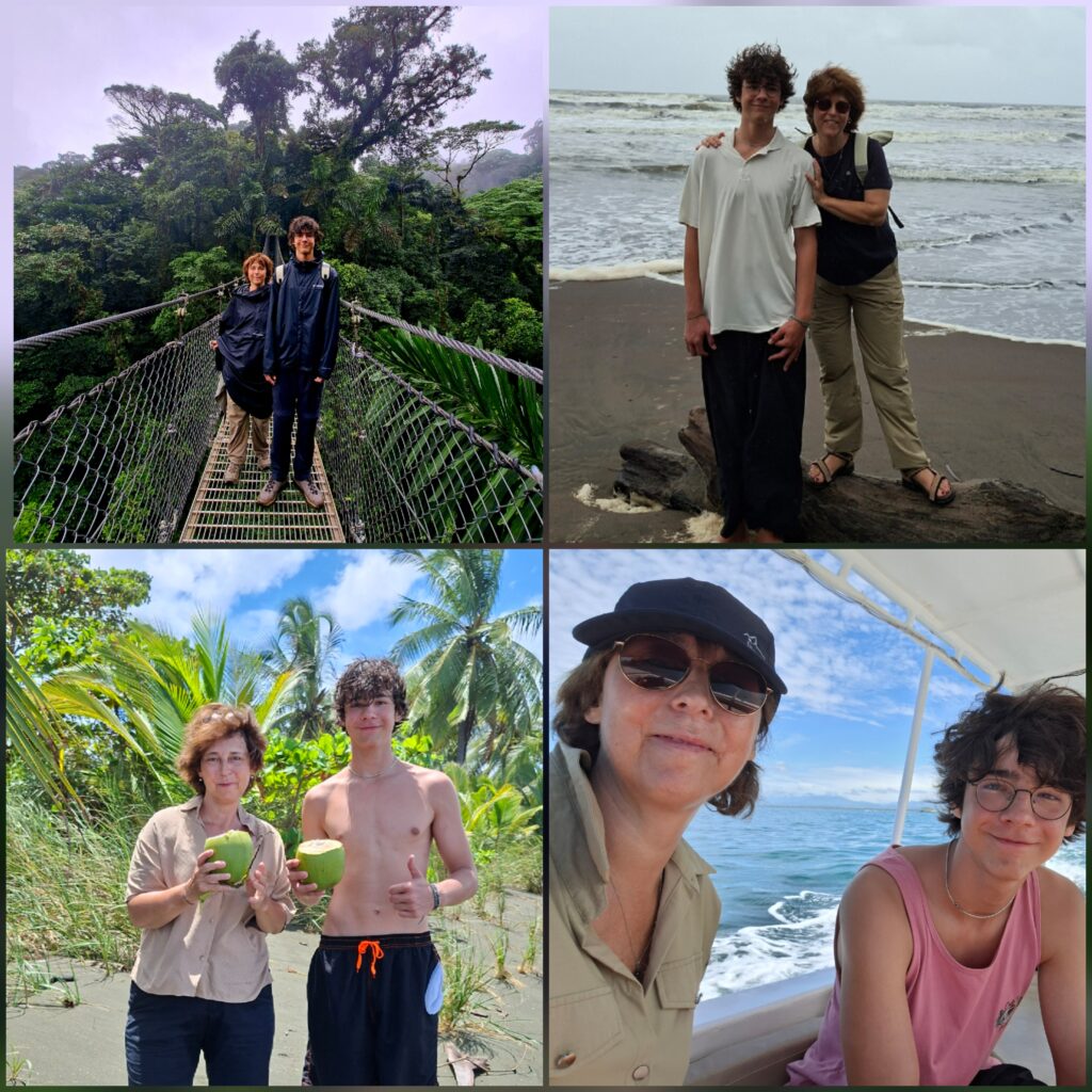 Fotocollage einer Mutter-Sohn-Reise durch Costa Rica: Hängebrücke im Regenwald, Strand und Bootsausflug