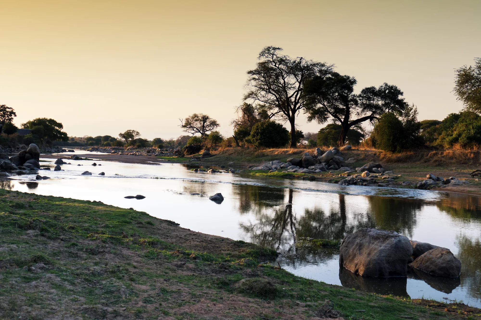 Great Ruaha River mit Bäumen und Felsen im Ruaha-Nationalpark in Südtansania